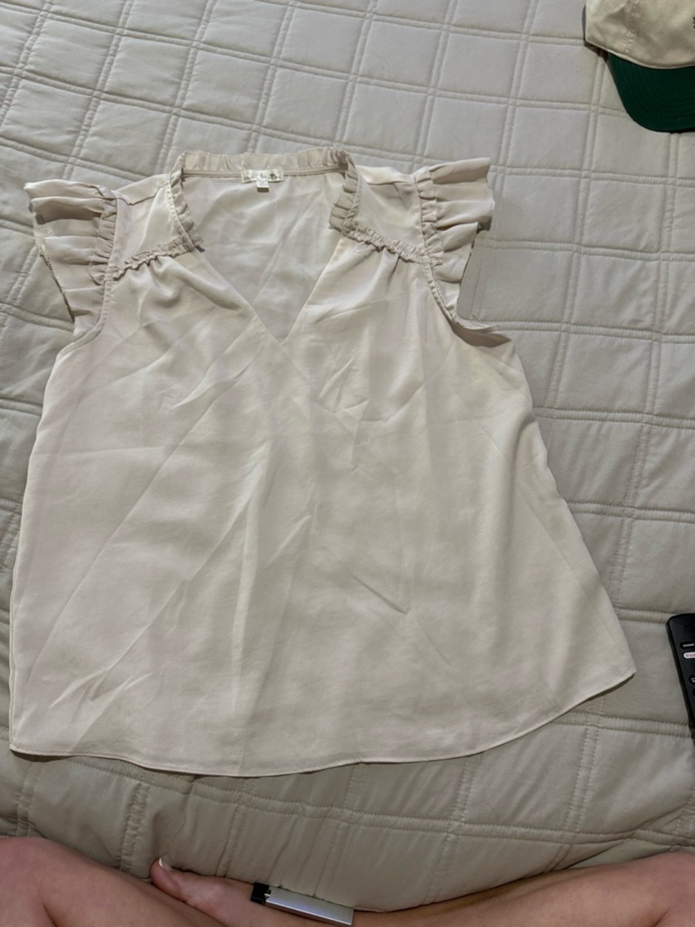 nine britton Light Beige Ruffle Cap-Sleeve V-Neck Blouse